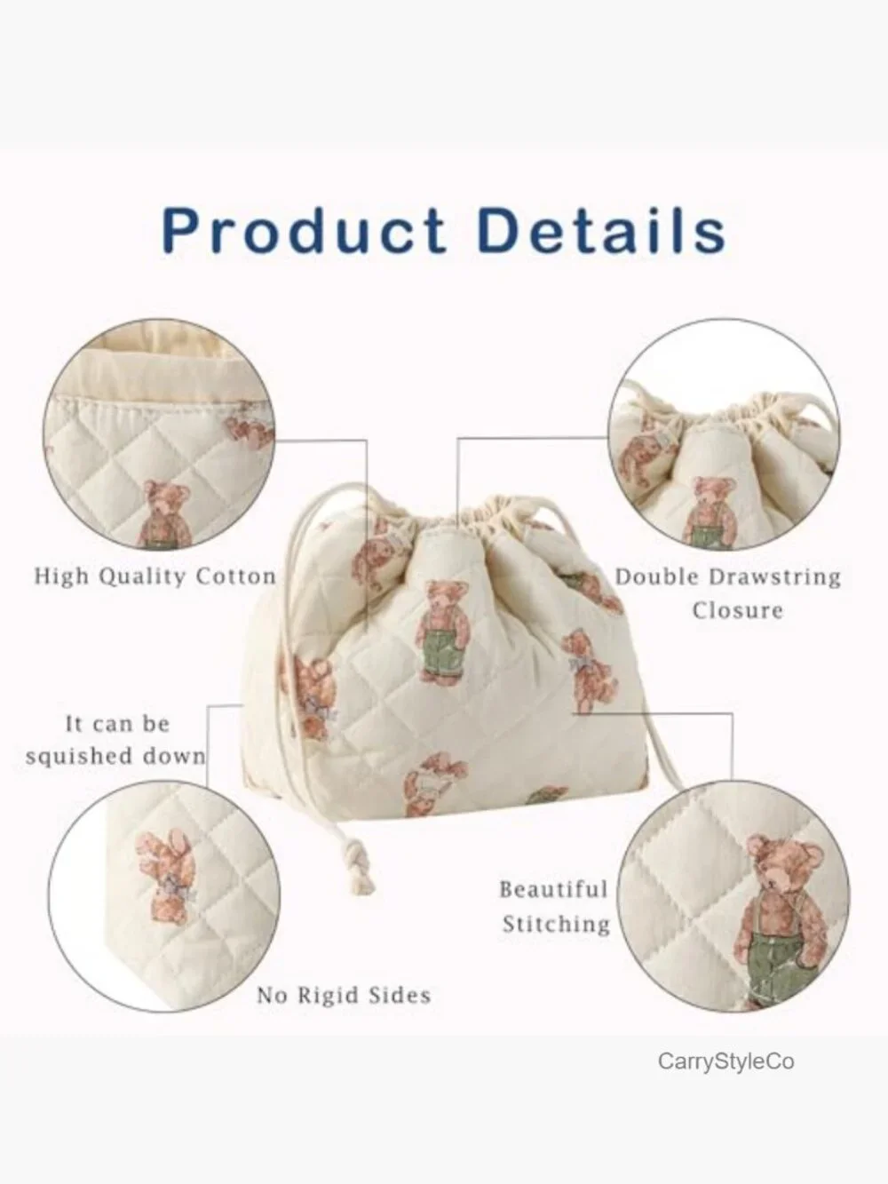 Quilted Drawstring Makeup Bag with Canvas Lining Cotton Travel Toiletry